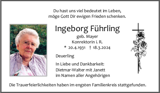 Traueranzeige von Ingeborg Führling von Mittelbayerische Zeitung Regensburg