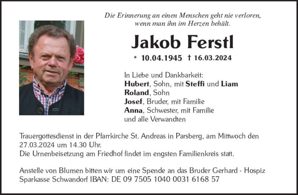  Traueranzeige für Jakob Ferstl vom 23.03.2024 aus Neumarkter Tagblatt