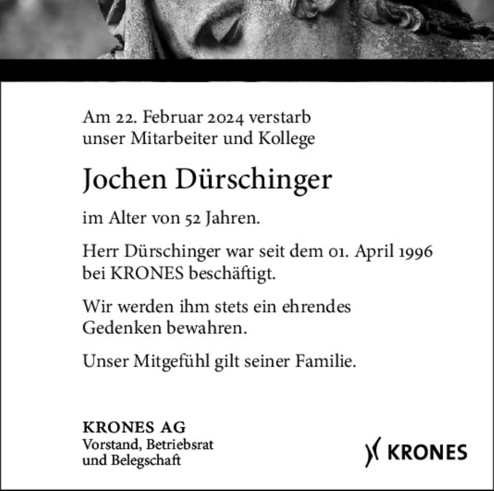  Traueranzeige für Jochen Dürschinger vom 09.03.2024 aus Mittelbayerische Zeitung Regensburg