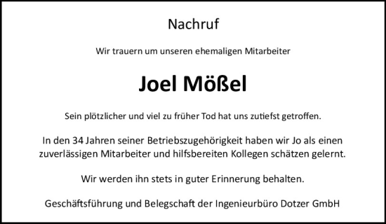 Traueranzeige von Joel Mößel von Neumarkter Tagblatt
