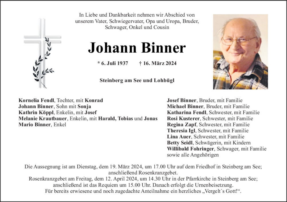  Traueranzeige für Johann Binner vom 19.03.2024 aus Mittelbayerische Zeitung Schwandorf