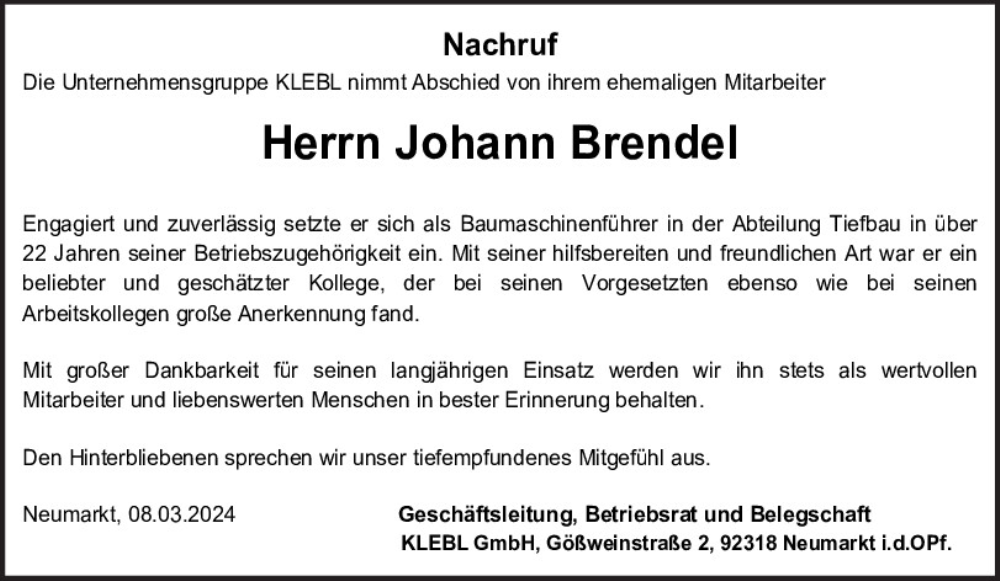  Traueranzeige für Johann Brendel vom 08.03.2024 aus Neumarkter Tagblatt