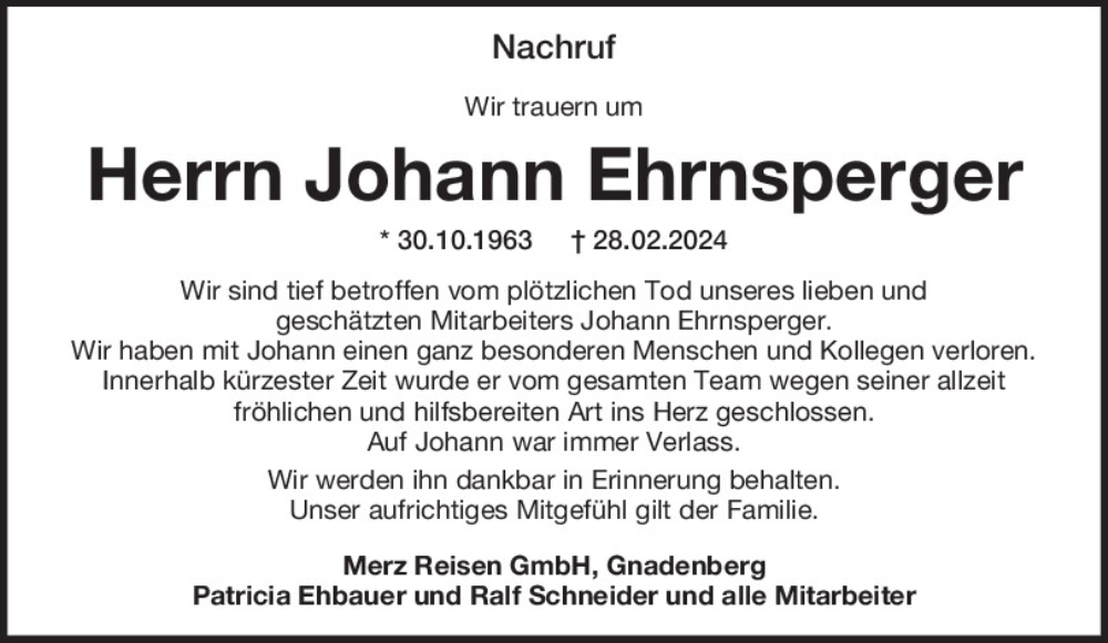  Traueranzeige für Johann Ehrnsperger vom 02.03.2024 aus Neumarkter Tagblatt