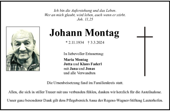 Traueranzeige von Johann Montag von Neumarkter Tagblatt