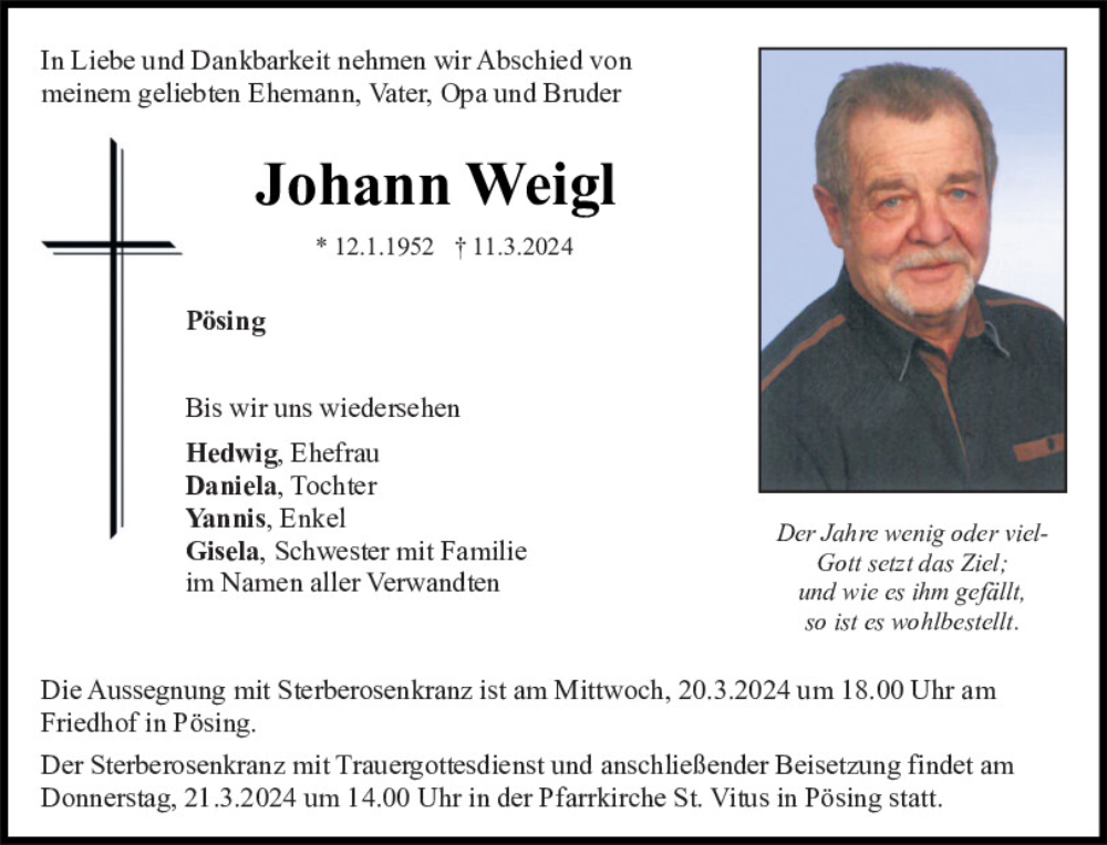  Traueranzeige für Johann Weigl vom 18.03.2024 aus Bayerwald Echo
