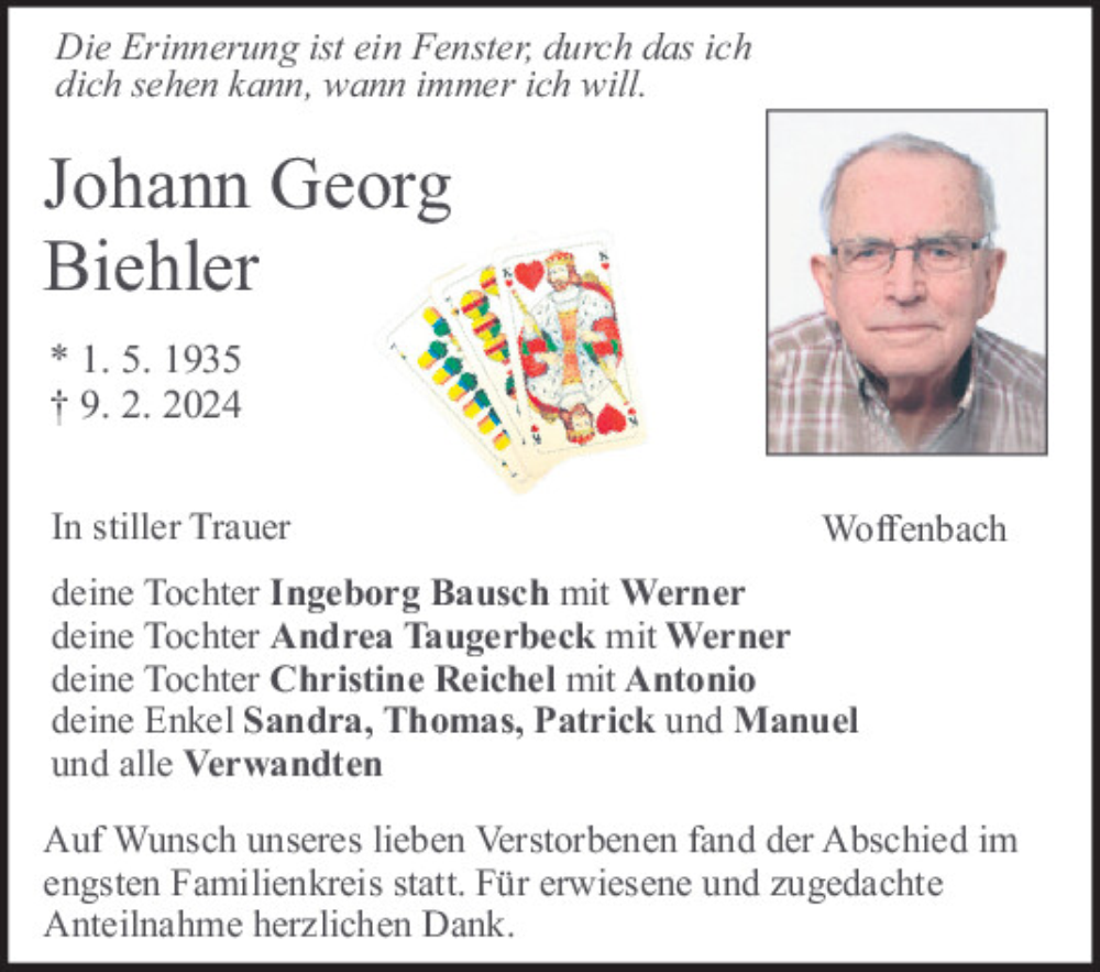  Traueranzeige für Johann Georg Biehler vom 02.03.2024 aus Neumarkter Tagblatt