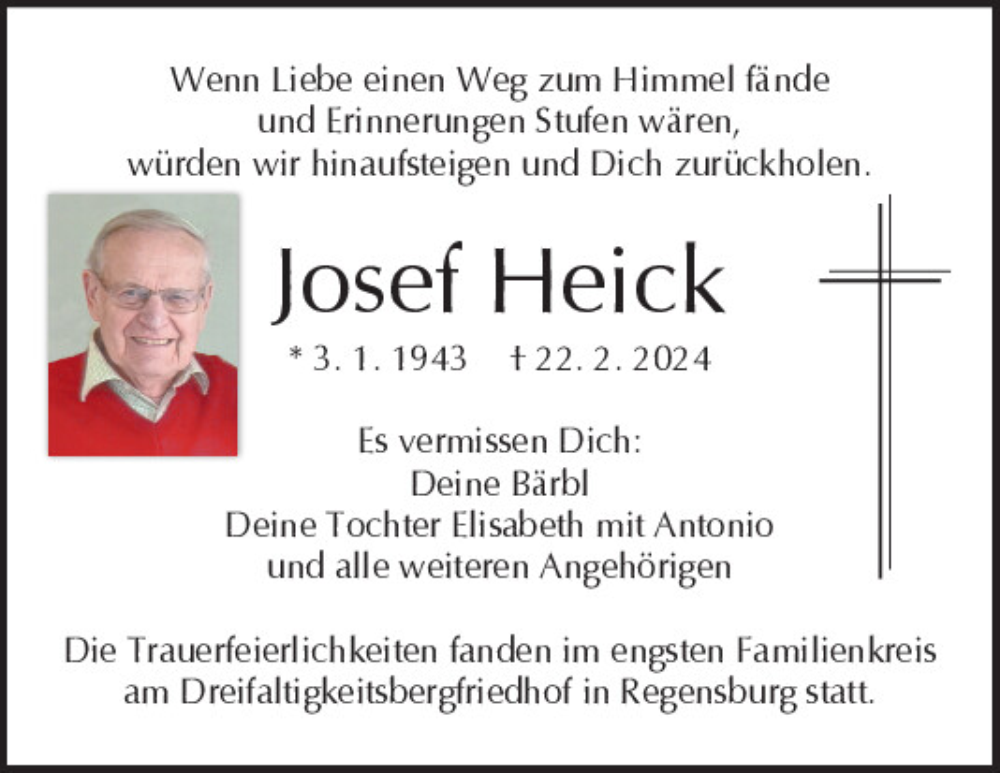  Traueranzeige für Josef Heick vom 09.03.2024 aus Mittelbayerische Zeitung Regensburg