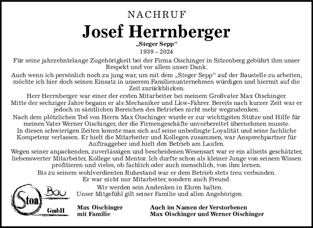  Traueranzeige für Josef Herrnberger vom 16.03.2024 aus Bayerwald Echo