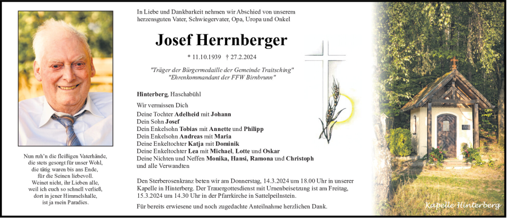  Traueranzeige für Josef Herrnberger vom 13.03.2024 aus Bayerwald Echo