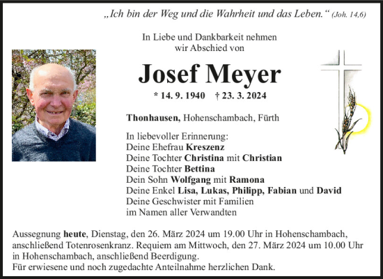 Traueranzeige von Josef Meyer von Mittelbayerische Zeitung Regensburg