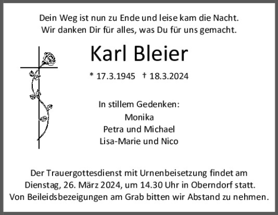 Traueranzeige von Karl Bleier von Mittelbayerische Zeitung Regensburg