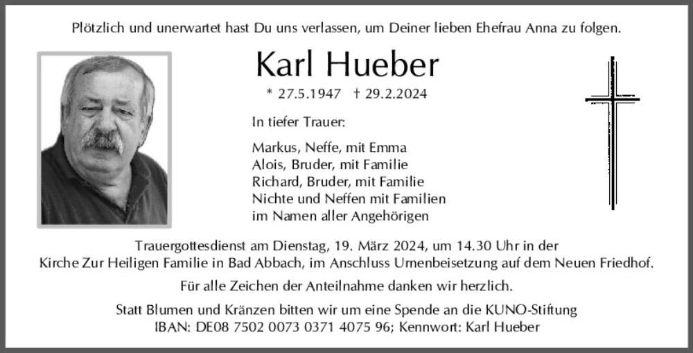  Traueranzeige für Karl Hueber vom 13.03.2024 aus Mittelbayerische Zeitung Kelheim