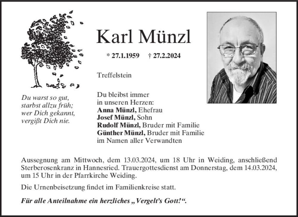  Traueranzeige für Karl Münzl vom 09.03.2024 aus Bayerwald Echo
