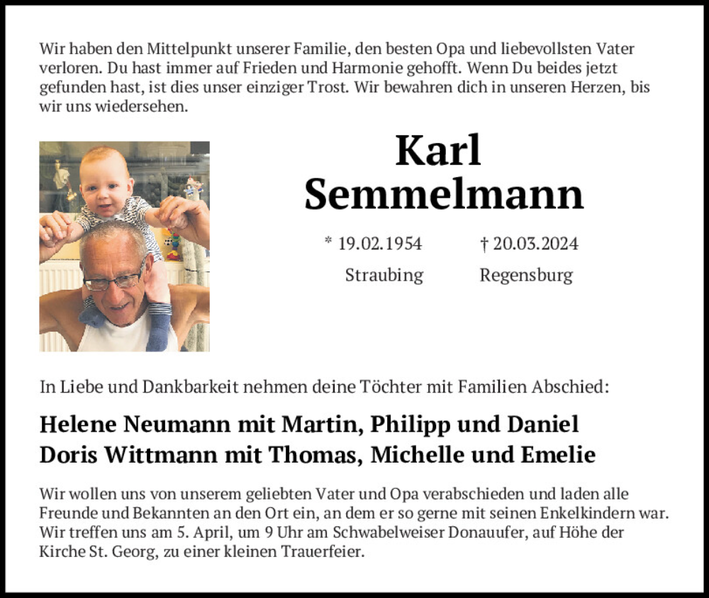  Traueranzeige für Karl Semmelmann vom 23.03.2024 aus Mittelbayerische Zeitung Regensburg