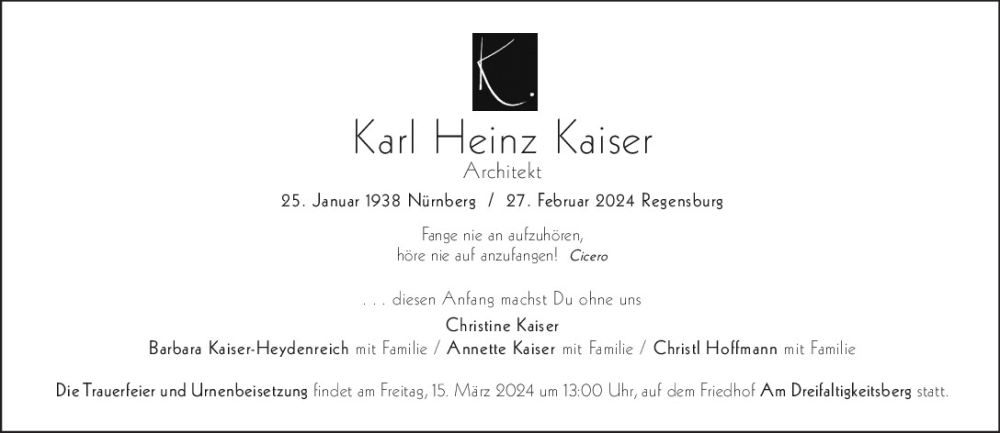  Traueranzeige für Karl Heinz Kaiser vom 09.03.2024 aus Mittelbayerische Zeitung Regensburg