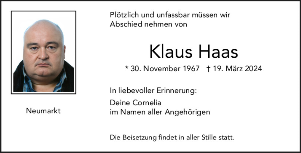  Traueranzeige für Klaus Haas vom 21.03.2024 aus Neumarkter Tagblatt