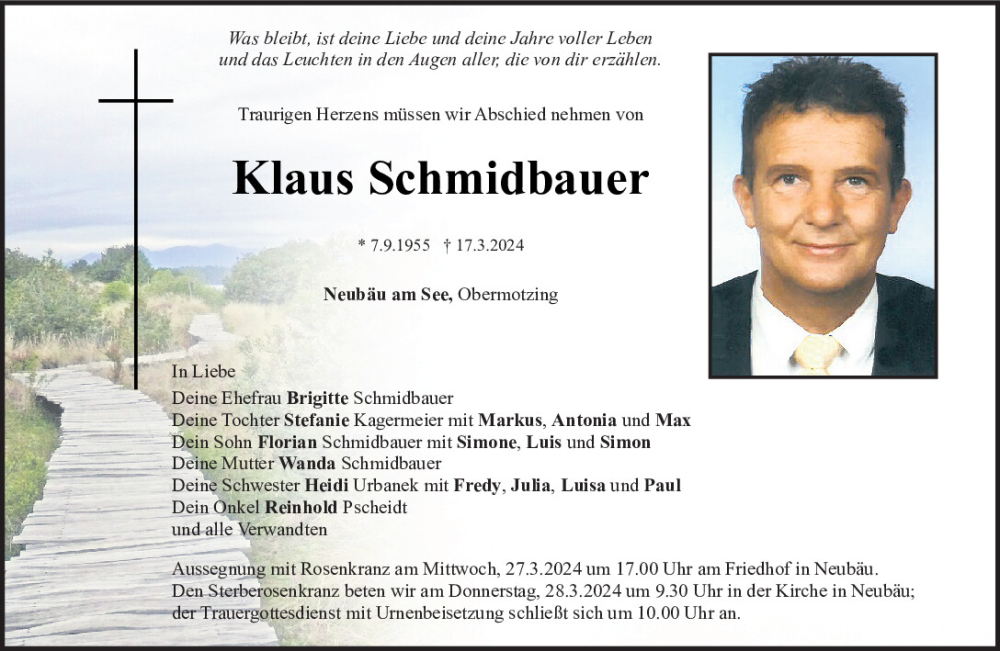 Traueranzeige für Klaus Schmidbauer vom 23.03.2024 aus Bayerwald Echo