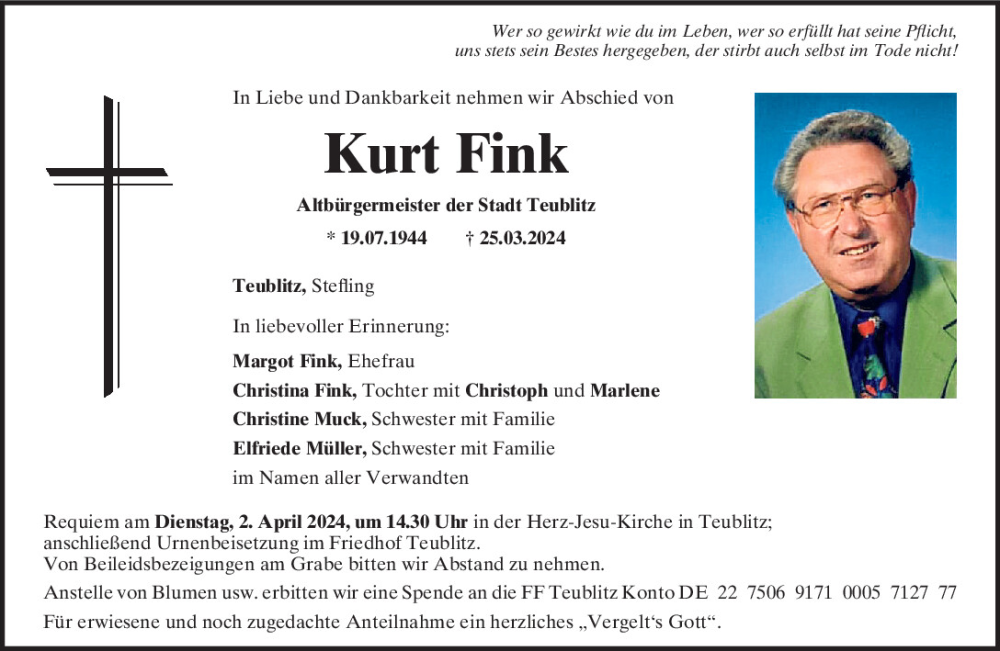  Traueranzeige für Kurt Fink vom 28.03.2024 aus Mittelbayerische Zeitung Schwandorf