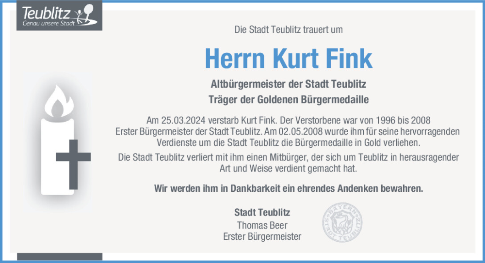  Traueranzeige für Kurt Fink vom 28.03.2024 aus Mittelbayerische Zeitung Schwandorf