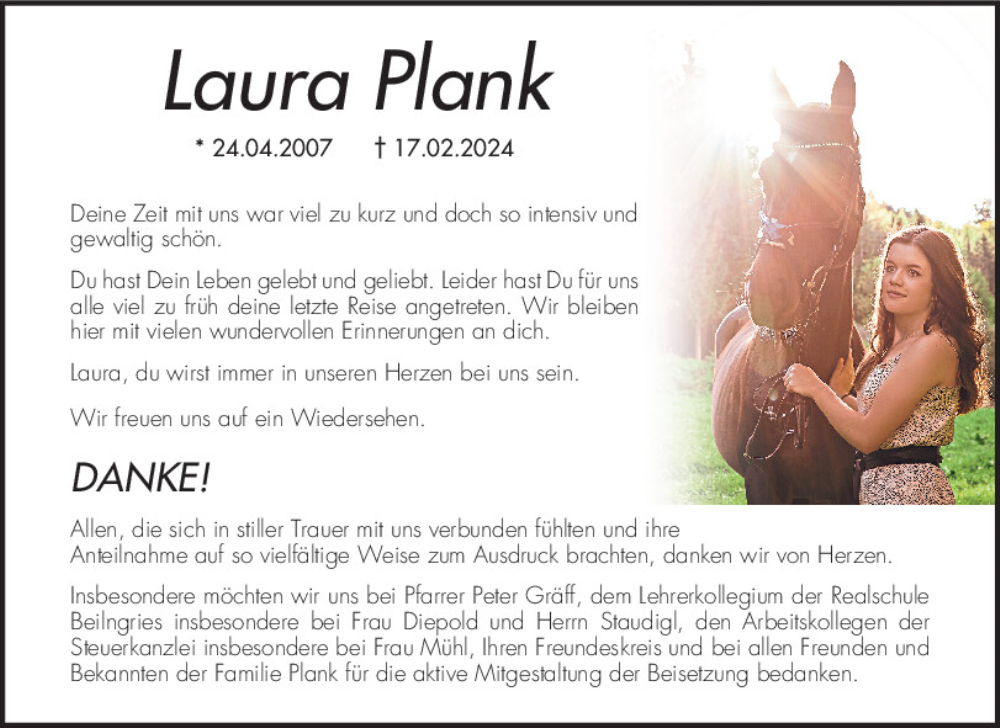  Traueranzeige für Laura Plank vom 16.03.2024 aus Neumarkter Tagblatt