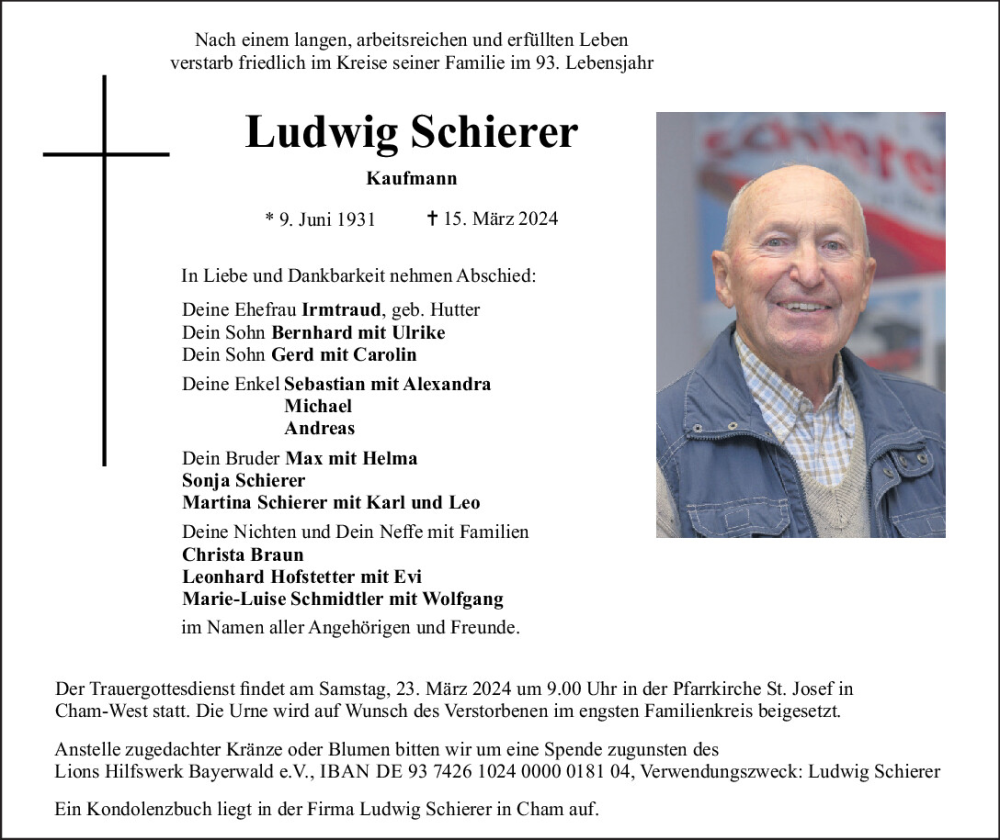  Traueranzeige für Ludwig Schierer vom 21.03.2024 aus Bayerwald Echo
