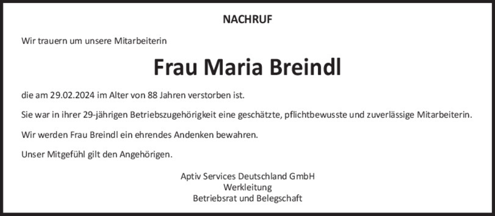  Traueranzeige für Maria Breindl vom 13.03.2024 aus Neumarkter Tagblatt