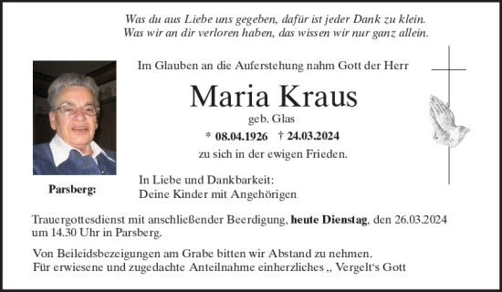 Traueranzeige von Maria Kraus von Neumarkter Tagblatt