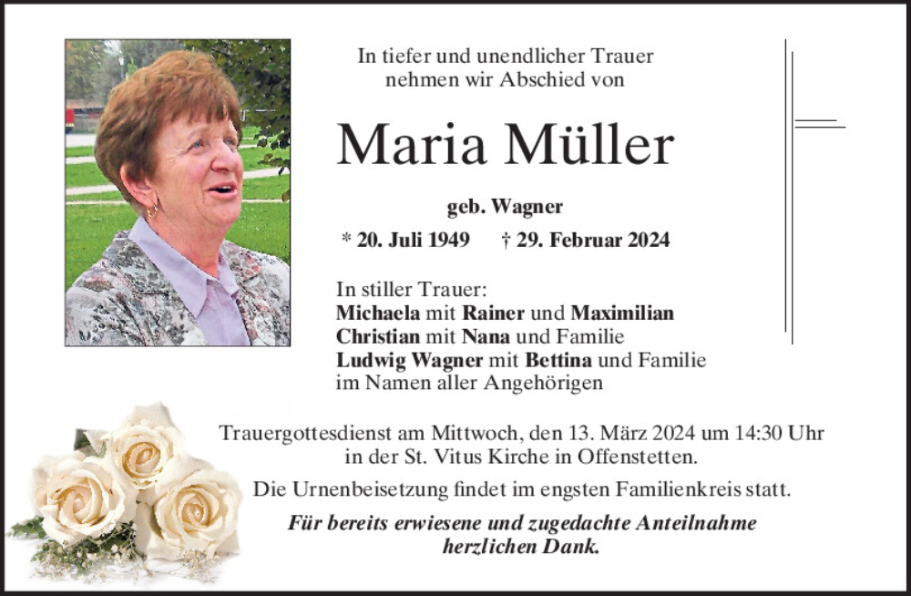  Traueranzeige für Maria Müller vom 09.03.2024 aus Mittelbayerische Zeitung Kelheim