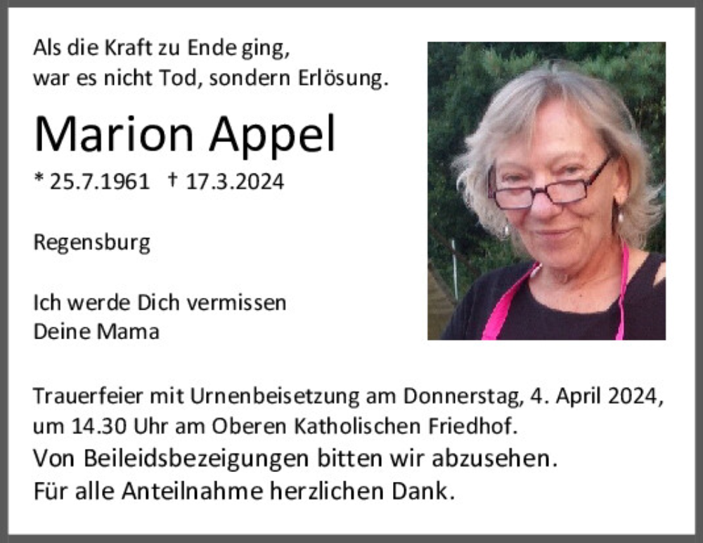  Traueranzeige für Marion Appel vom 30.03.2024 aus Mittelbayerische Zeitung Regensburg
