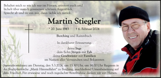 Traueranzeige von Martin Stiegler von Neumarkter Tagblatt