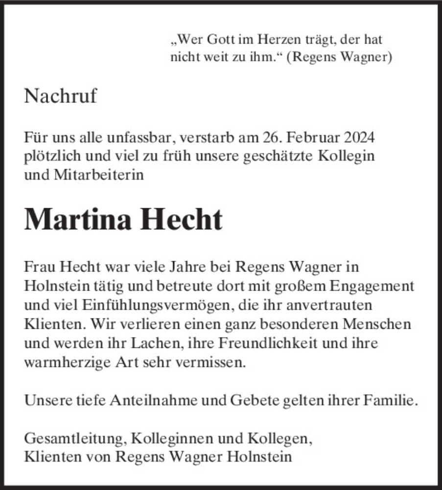  Traueranzeige für Martina Hecht vom 02.03.2024 aus Neumarkter Tagblatt