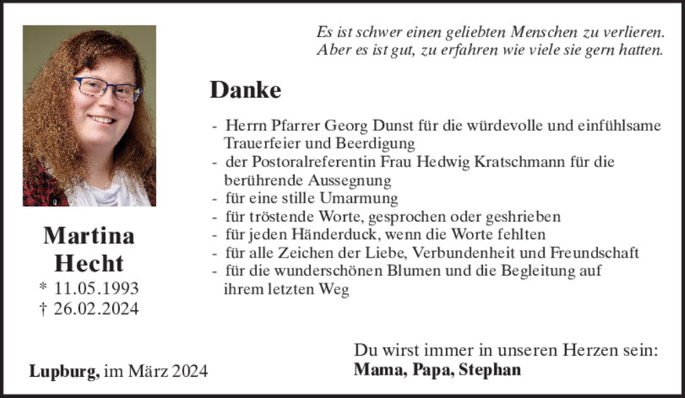  Traueranzeige für Martina Hecht vom 16.03.2024 aus Neumarkter Tagblatt