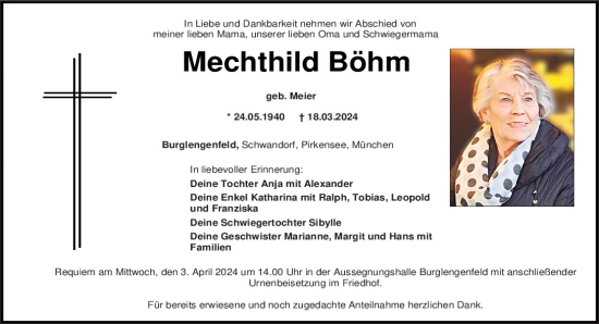 Traueranzeige von Mechthild Böhm von Mittelbayerische Zeitung Schwandorf