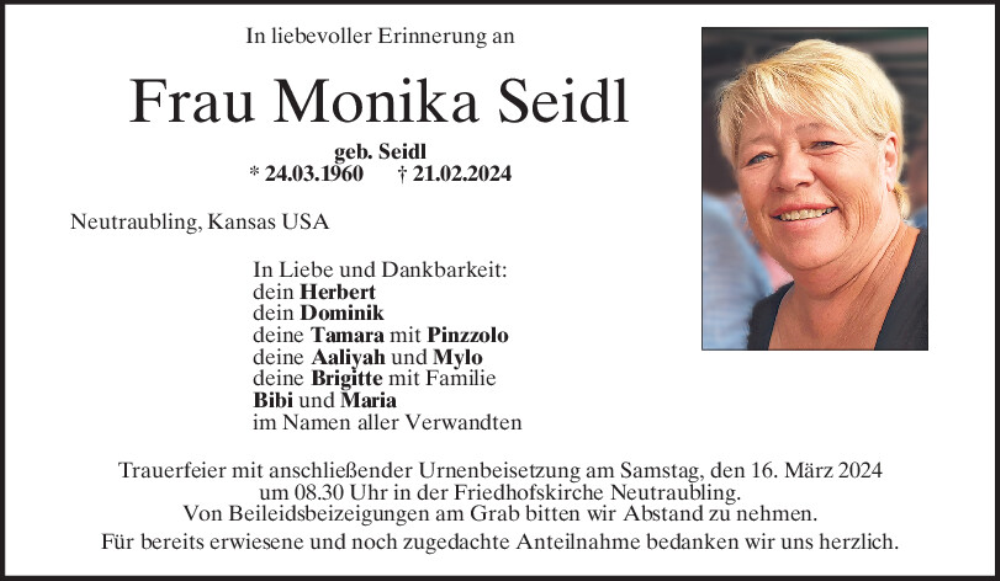  Traueranzeige für Monika Seidl vom 09.03.2024 aus Mittelbayerische Zeitung Regensburg