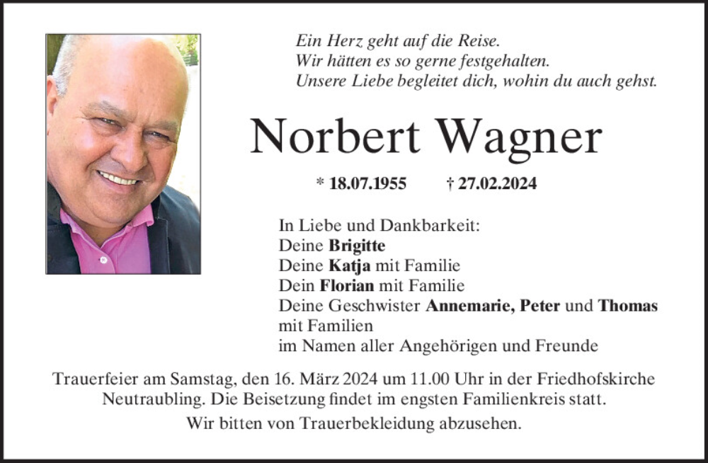  Traueranzeige für Norbert Wagner vom 13.03.2024 aus Mittelbayerische Zeitung Regensburg