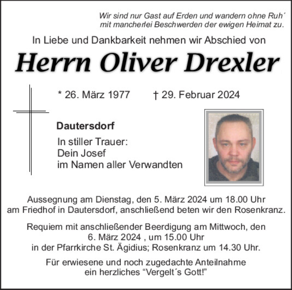  Traueranzeige für Oliver Drexler vom 05.03.2024 aus Mittelbayerische Zeitung Schwandorf
