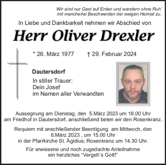 Traueranzeige von Oliver Drexler von Mittelbayerische Zeitung Schwandorf