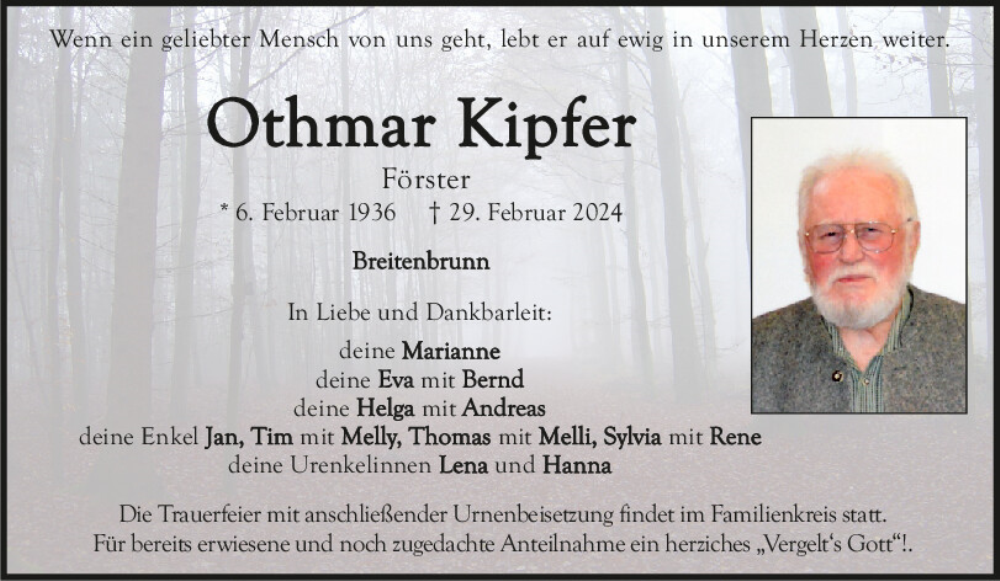  Traueranzeige für Othmar Kipfer vom 09.03.2024 aus Neumarkter Tagblatt