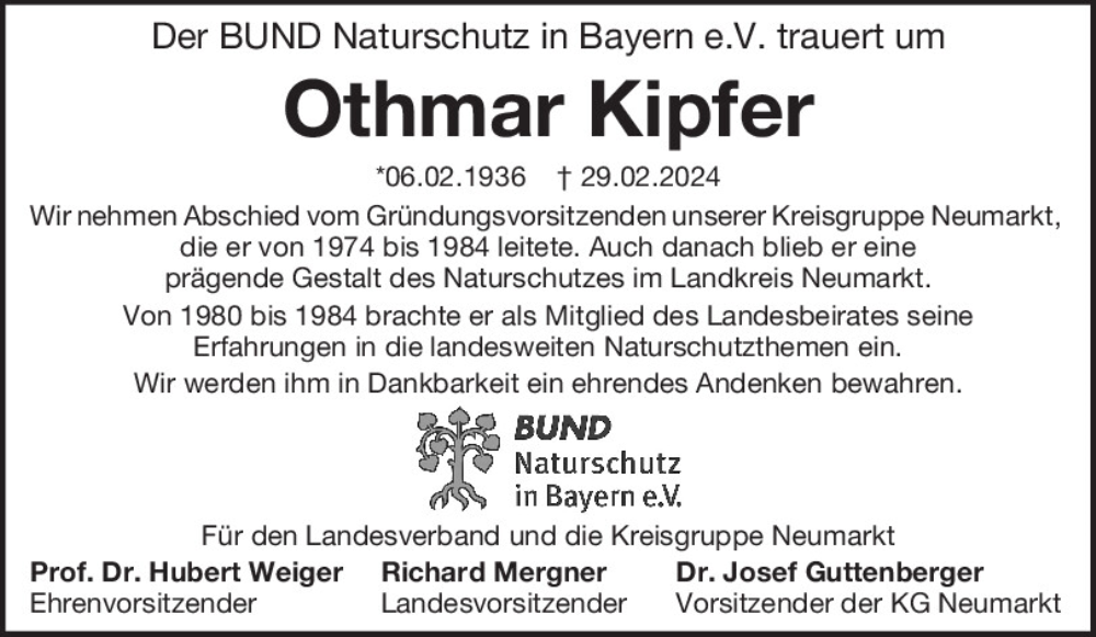  Traueranzeige für Othmar Kipfer vom 13.03.2024 aus Neumarkter Tagblatt