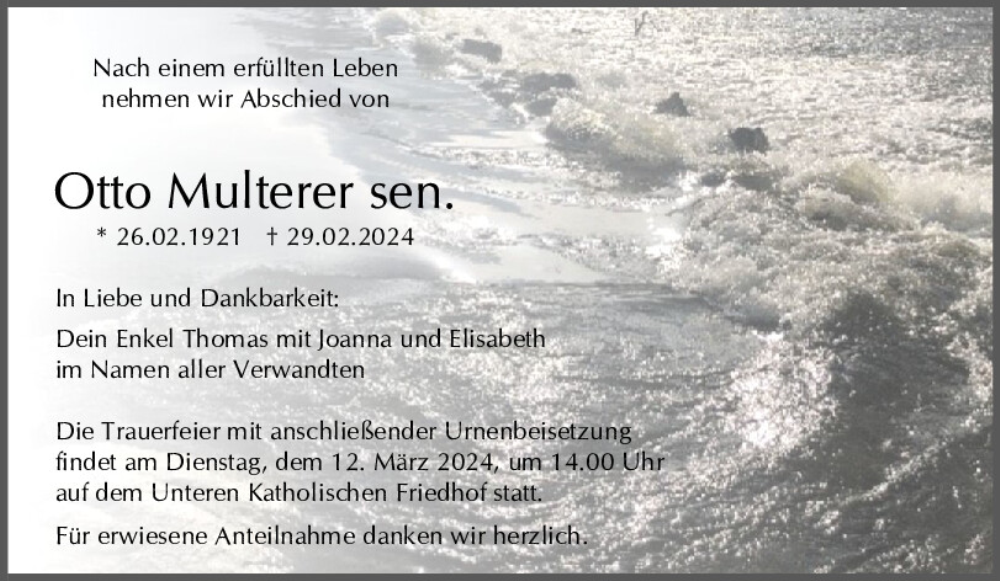 Traueranzeige für Otto Multerer vom 06.03.2024 aus Mittelbayerische Zeitung Regensburg
