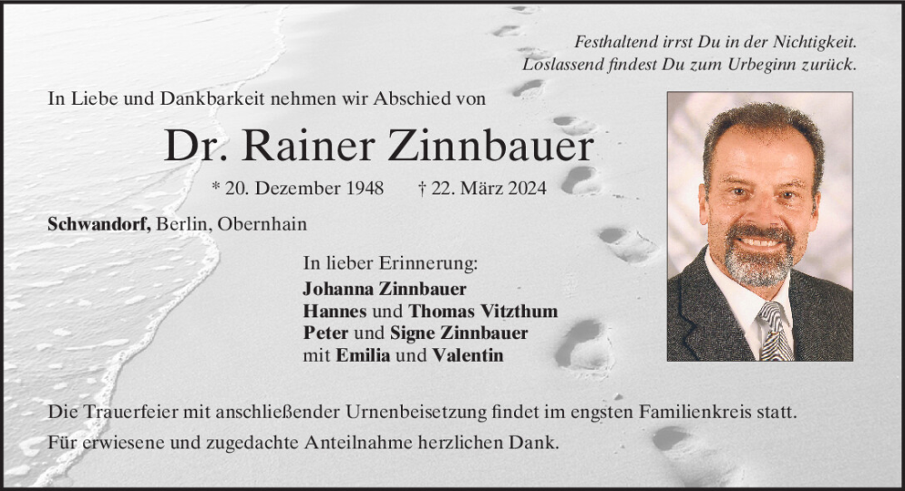  Traueranzeige für Rainer Zinnbauer vom 27.03.2024 aus Mittelbayerische Zeitung Schwandorf
