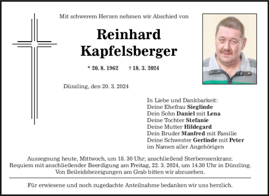 Traueranzeige von Reinhard Kapfelsberger von Mittelbayerische Zeitung Regensburg