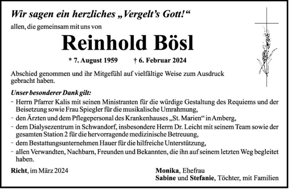  Traueranzeige für Reinhold Bösl vom 02.03.2024 aus Mittelbayerische Zeitung Schwandorf