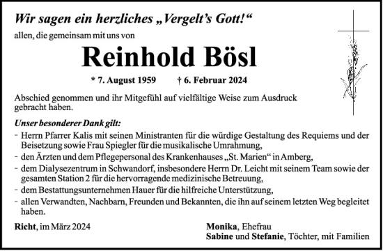 Traueranzeige von Reinhold Bösl von Mittelbayerische Zeitung Schwandorf