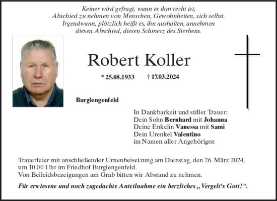 Traueranzeige von Robert Koller von Mittelbayerische Zeitung Schwandorf