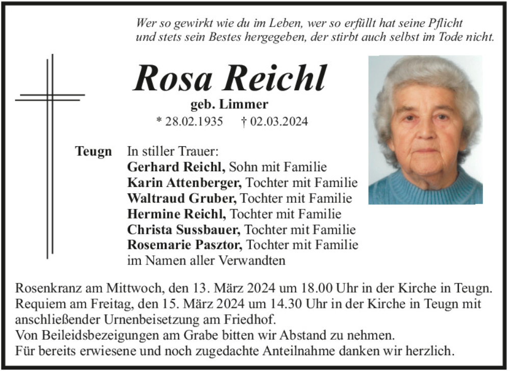  Traueranzeige für Rosa Reichl vom 12.03.2024 aus Mittelbayerische Zeitung Kelheim