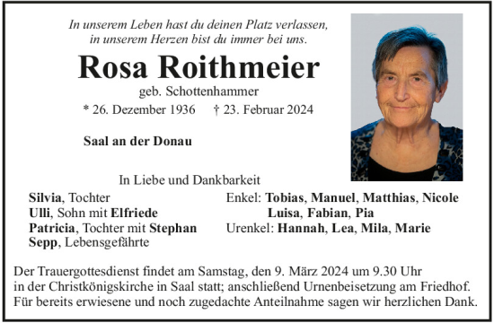Traueranzeigen von Rosa Roithmeier | Mittelbayerische Trauer