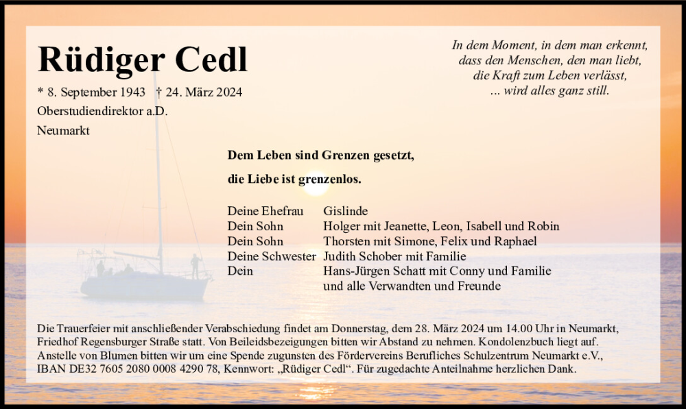  Traueranzeige für Rüdiger Cedl vom 26.03.2024 aus Neumarkter Tagblatt