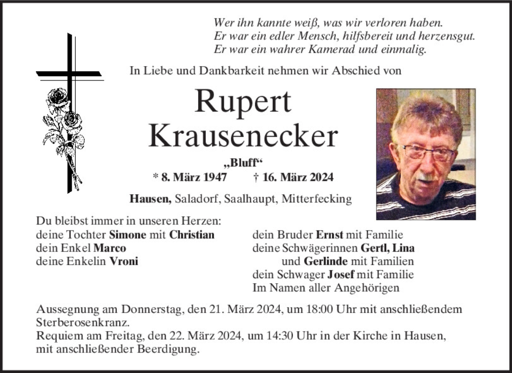  Traueranzeige für Rupert Krausenecker vom 19.03.2024 aus Mittelbayerische Zeitung Regensburg