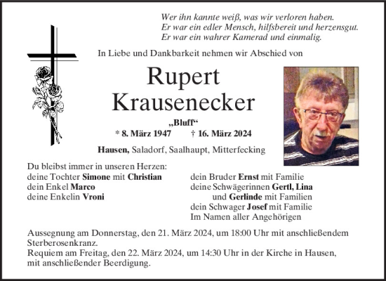 Traueranzeige von Rupert Krausenecker von Mittelbayerische Zeitung Regensburg